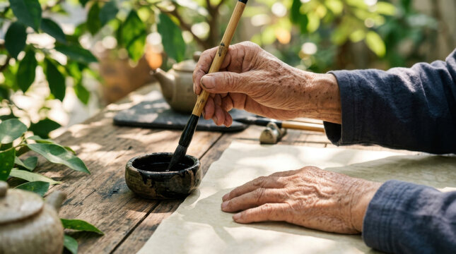 Calligraphy brush ink paper hand practice wooden table garden natural light