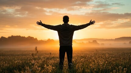 Fototapeta premium Hopeful young man facing a sunrise in a misty field with open arms to symbolize wellness and joy.