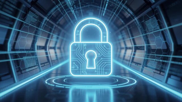 Futuristic digital lock security concept with glowing circuitry and cyber technology background