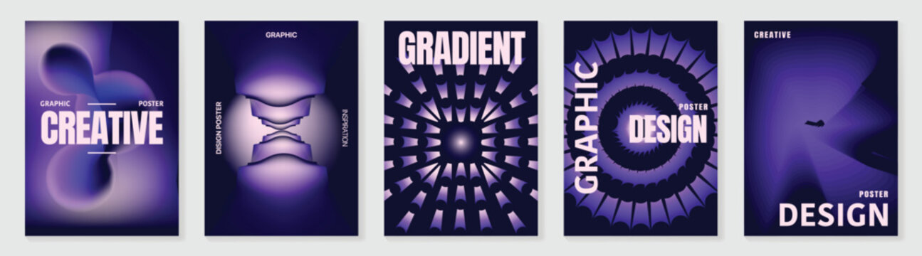Abstract gradient poster background vector set. Modern cover templates with colorful geometric shapes and optical illusion design for social media, banner and wallpaper.