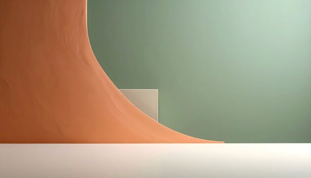Composici&oacute;n abstracta minimalista con curva naranja, bloque blanco y fondo verde suave sobre superficie clara