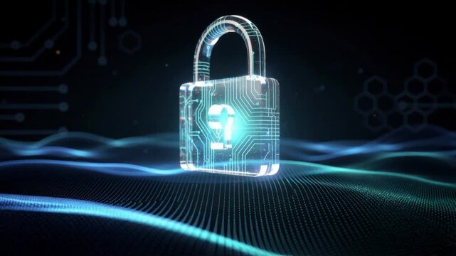 Digital padlock glowing on futuristic data wave background representing cybersecurity and data protection