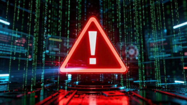 Digital warning alert with red exclamation mark and matrix code background representing cybersecurity threat