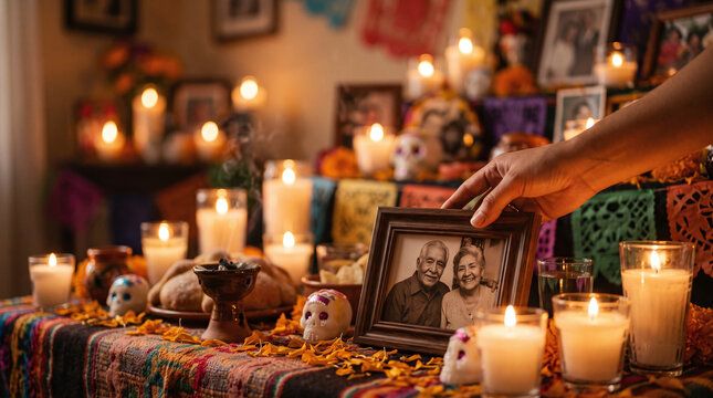 Hand placing framed photo of grandparents on a Dia de los Muertos ofrenda