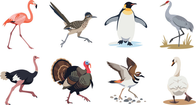Diverse wild birds set featuring flamingo penguin ostrich and swan vector illustration