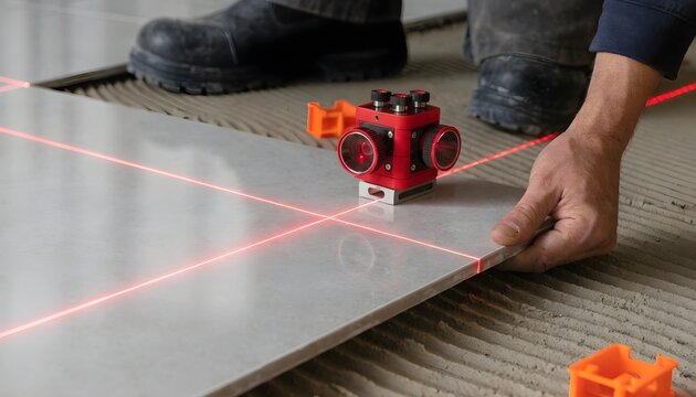 Construction worker using a laser level to align a ceramic floor tile during installation