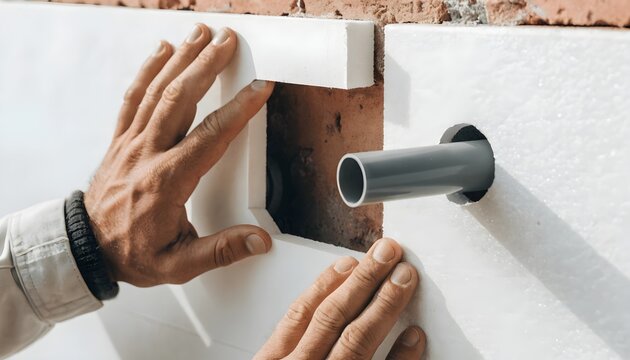 A construction worker installs polystyrene insulation boards onto a brick wall around a PVC plumbing pipe.