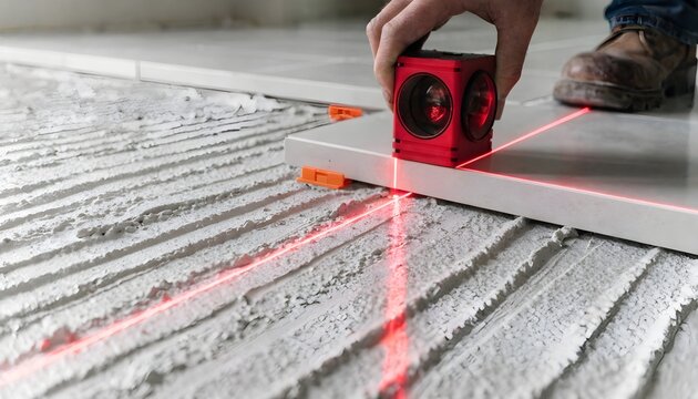 Professional tiler using a red cross line laser level to align a ceramic tile on adhesive mortar on a floor
