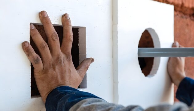 A construction worker installs white rigid foam insulation panels against a brick wall during building renovation
