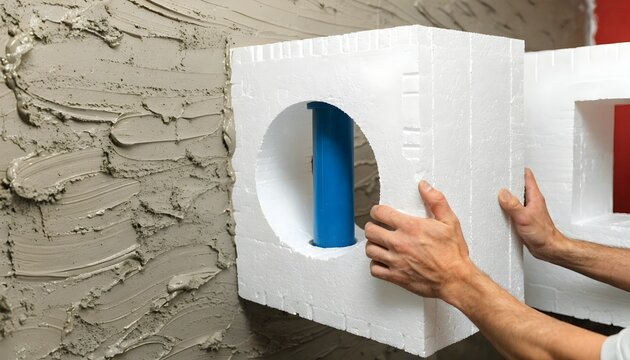 Construction worker installing expanded polystyrene foam block insulation around a blue pipe on a wall covered with adhesive mortar