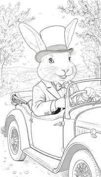 Rabbit in top hat driving vintage car &mdash; Easter coloring page in Victorian elegance and fairy-tale journey style