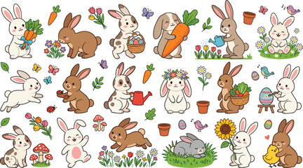 Obraz premium Cute Easter Bunny Character Set with Spring Gardening Rabbits Carrot Harvest Flower Wreath Painting Eggs and Watering Can Icons for Festive Greeting Cards Vector Graphic
