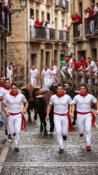 Runners fleeing charging bulls during San Fermin festival in Pamplona, Spain.