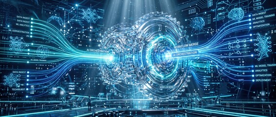 Fototapeta premium Futuristic AI orchestration system with glowing mechanical gears and data