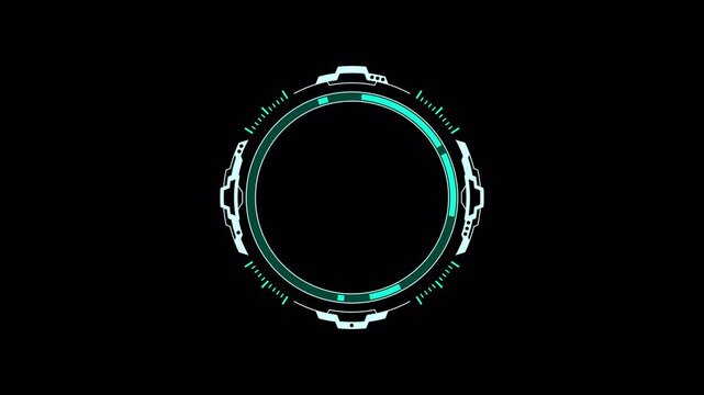 Futuristic circular user interface HUD animation with digital data scanning.