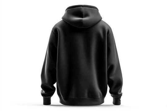 Blank black pullover hoodie mockup template from back view isolated on white background, realistic 3D fleece hooded sweatshirt cloth apparel presentation for custom streetwear fashion design print.