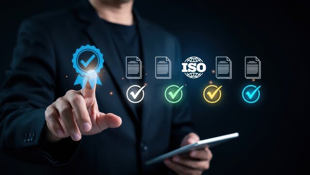 Businessman interacting with ISO certification and quality control icons on a digital tablet
