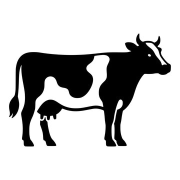 Standing Dairy Cow with Spotted Coat, Horns and Udder in Side View, Black Silhouette for Farm, Organic Milk and Dairy Product Labels