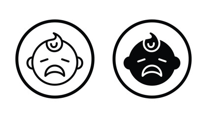 Crying baby head icon set featuring sad infant face inside circle in outline and solid vector styles for parenting and childcare themes isolated on white background for design