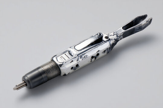 Futuristic metallic industrial welding torch gun or laser cutter tool device isolated on clean grey studio backdrop, high tech cybernetic mechanism manufacturing instrument object equipment.