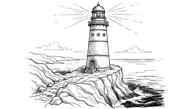 Vintage hand drawn vector illustration of a dramatic lighthouse standing on a rocky ocean coastal cliff beaming light