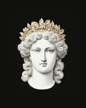 Classical Greek goddess marble bust with ornate gold leaf crown on black