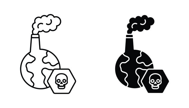 Industrial pollution earth globe icon set featuring skull symbol and smoke stack in outline and solid vector styles for environmental awareness projects and climate change concepts