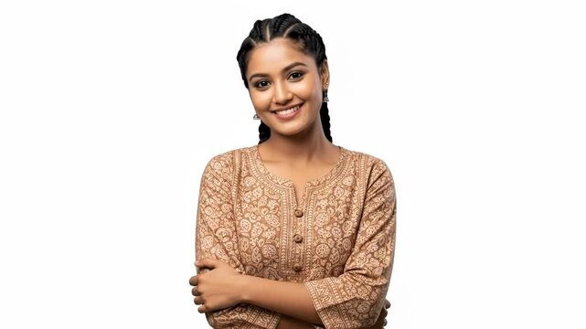 A smiling young indian woman wearing a traditional patterned brown kurta top