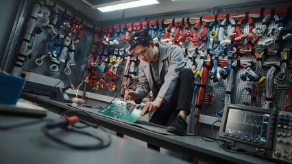 Obraz premium Electronic Technician Repairing Circuit Board in Workshop with Tools and Equipment