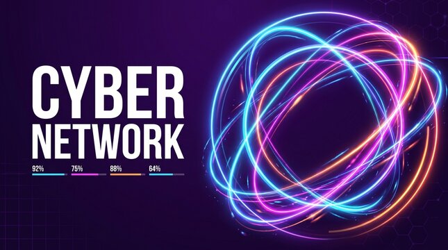Cyber network represented by glowing neon rings with text overlay