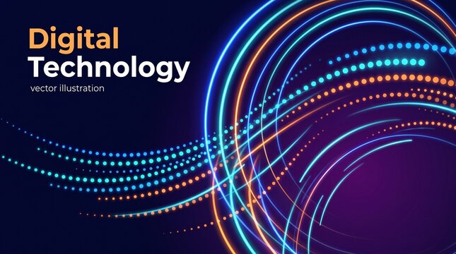 Digital Technology vector illustration with neon circles and glowing dots in a dark background