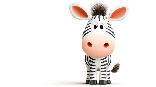 Happy cartoon zebra with a pink nose and friendly eyes standing tall on a white background, perfect for safari-themed children's storybooks.