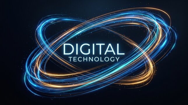 Digital technology concept with glowing swirling lines forming an infinity loop around the text DIGITAL TECHNOLOGY