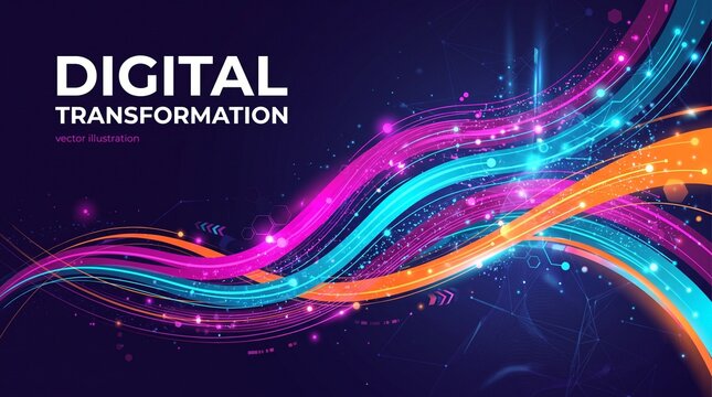 Digital Transformation with flowing, colorful abstract lines and particles on a dark background