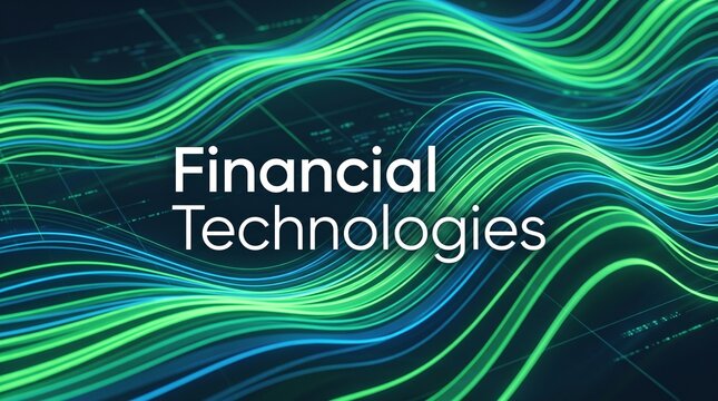 Abstract background with Financial Technologies text, featuring glowing green and blue wave-like lines representing data flow and digital finance