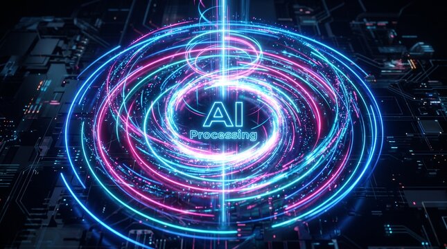 Abstract digital vortex with AI Processing in the center, showcasing advanced artificial intelligence technology and data flow