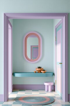 Mint green vanity shelf with oval mirror and a small stool in a lavender-trimmed archway, pastel interior inspired by 2026 trend, joyful interior, playful interior, nostalgic playful, dopamine soft.