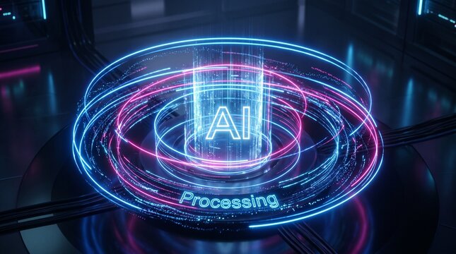 AI Processing Hologram with swirling neon rings