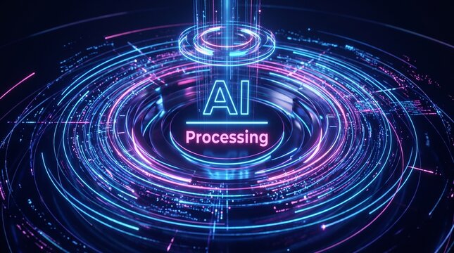 An abstract digital illustration representing Artificial Intelligence (AI) processing with glowing neon blue and pink concentric circles and a central pillar of light