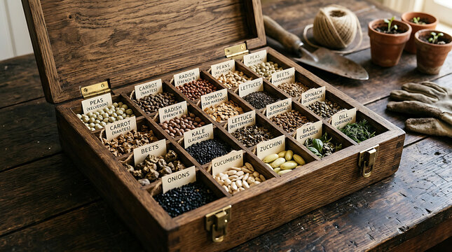A curated wooden box filled with various vegetable and herb seeds, ready for planting and gardening.