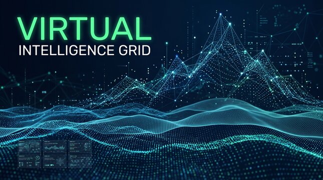 A glowing abstract representation of a virtual intelligence grid, showcasing interconnected nodes and data flow across a digital landscape with mountainous terrain