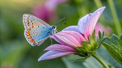 Common blue butterfly on a pink flower. Macro shot of a delicate insect in a garden. © Pertified