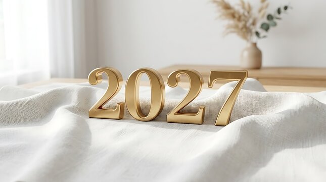 Three dimensional gold numbers representing year 2027 sitting on white textured fabric background for holiday celebration.