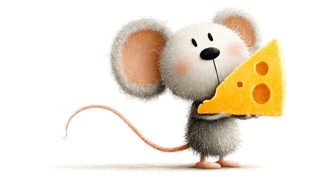 Whimsical cartoon mouse with round ears and a curly tail holding a slice of cheese, isolated on a white background for toddler illustration sets.