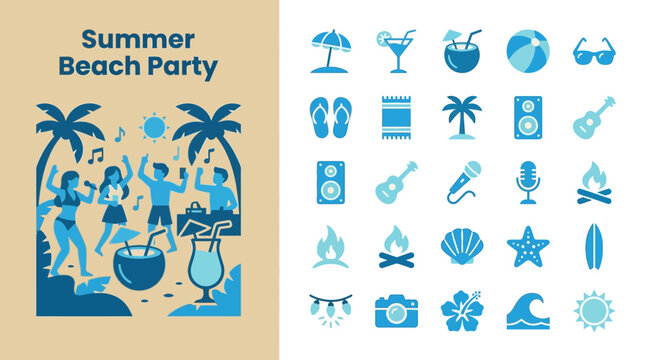 Summer Beach Party Infographic Set Featuring Festive Vacation Icons and Tropical Celebration Elements