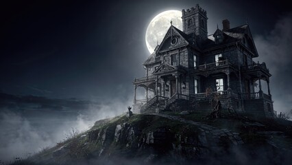 Obraz premium Haunted Victorian mansion on a hill under a full moon at night