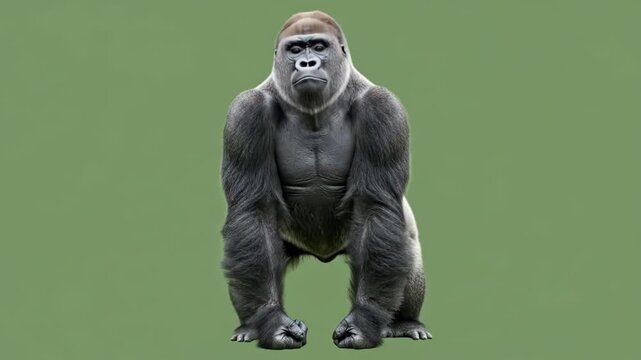A powerful silverback gorilla standing firmly against a solid green background