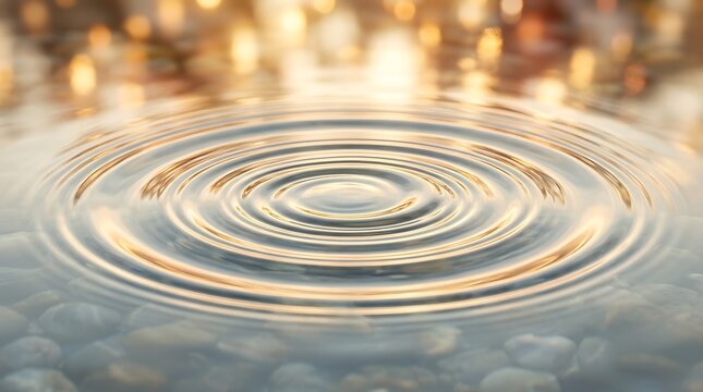 Water ripples creating concentric circles with golden light reflections and pebbles visible underwater.