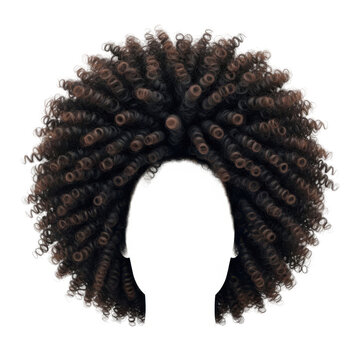 curly afro hair wig with spiral braids and gold cuffs isolated on transparent background