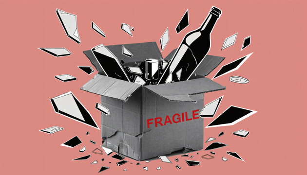 Damaged fragile cardboard box with broken glass shards and bottle